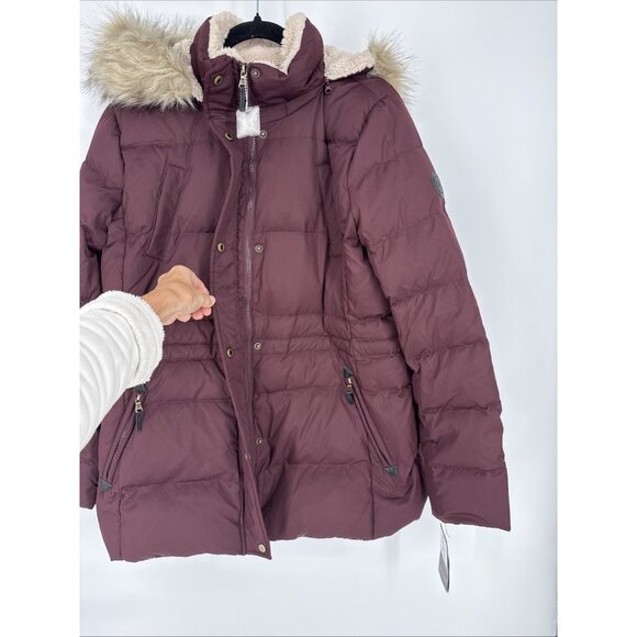 Lauren Ralph Lauren womens XL Burgundy Down Puffer Coat Faux Fur Hooded Jacket - Picture 5 of 10